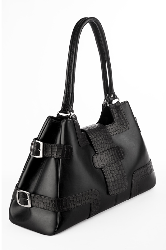 Dress large handbag in satin black leather - Worn view